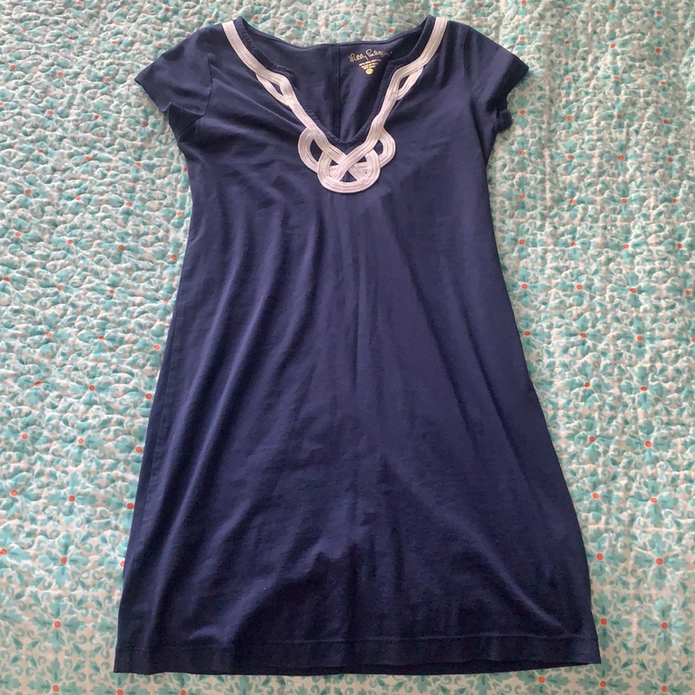 Lily Pulitzer size XS cotton navy Brewster t-shirt dress white details